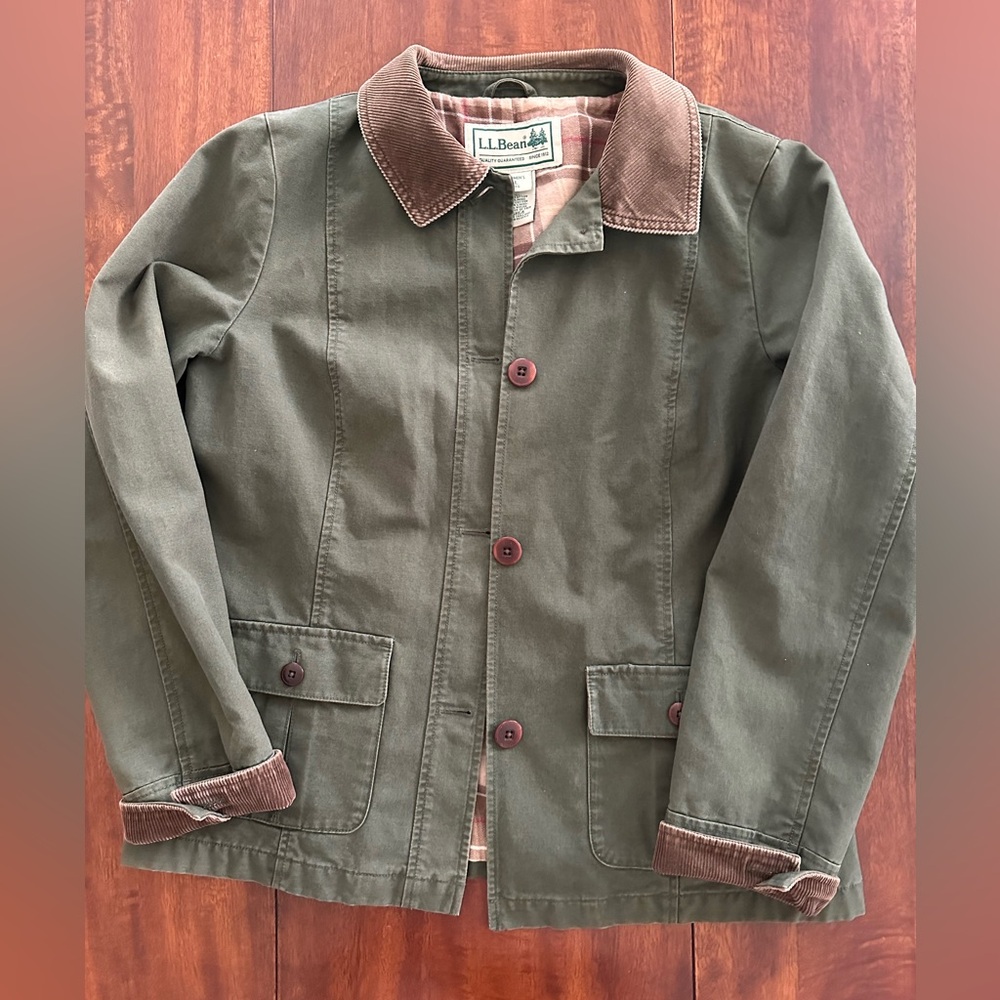 Vtg LL Bean Barn Coat Chore Jacket Womens Large Olive Green Flannel Corduroy
